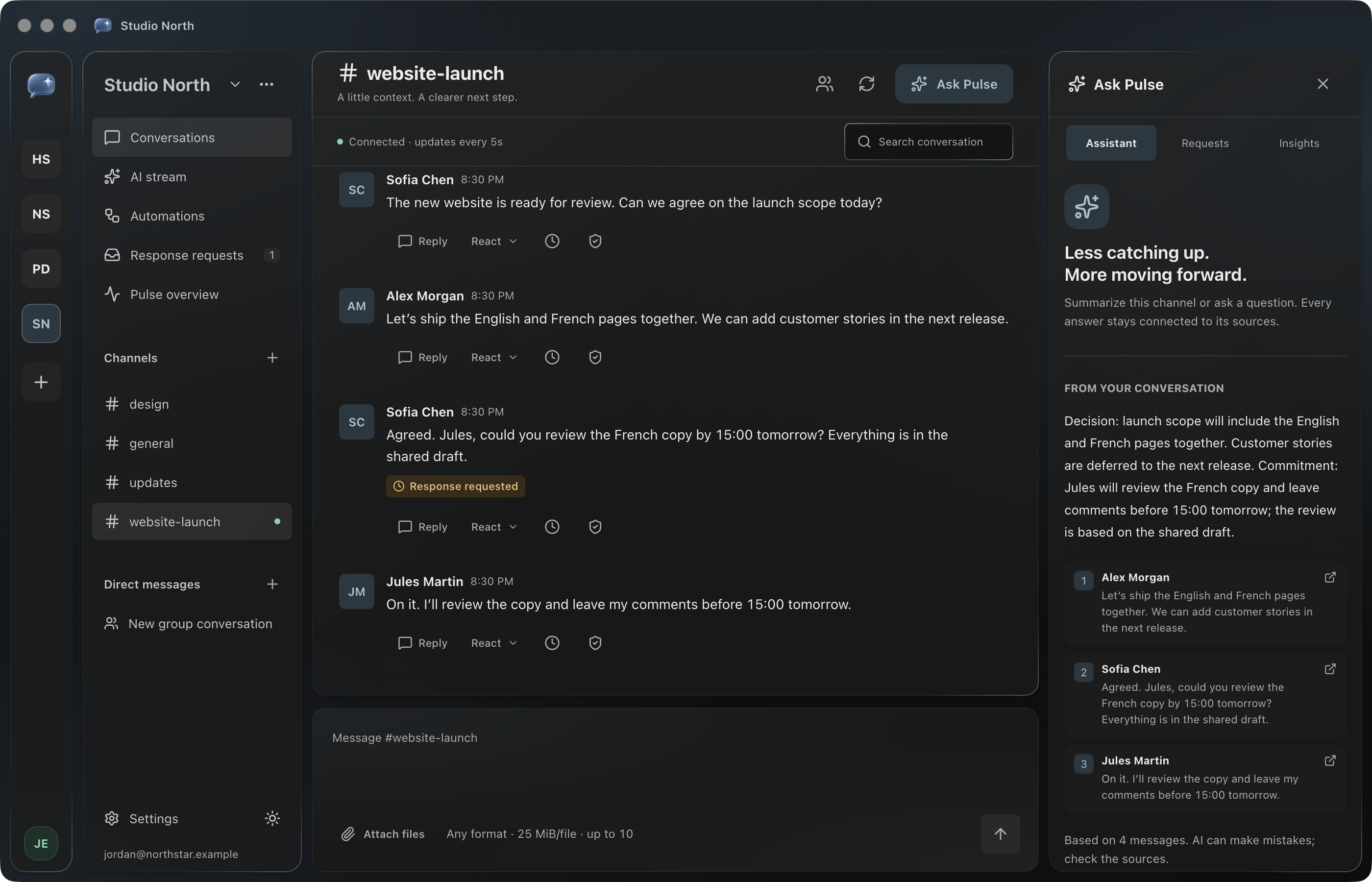 Pulse in dark mode: a staged launch conversation and a source-linked AI summary in the actual Mac app.