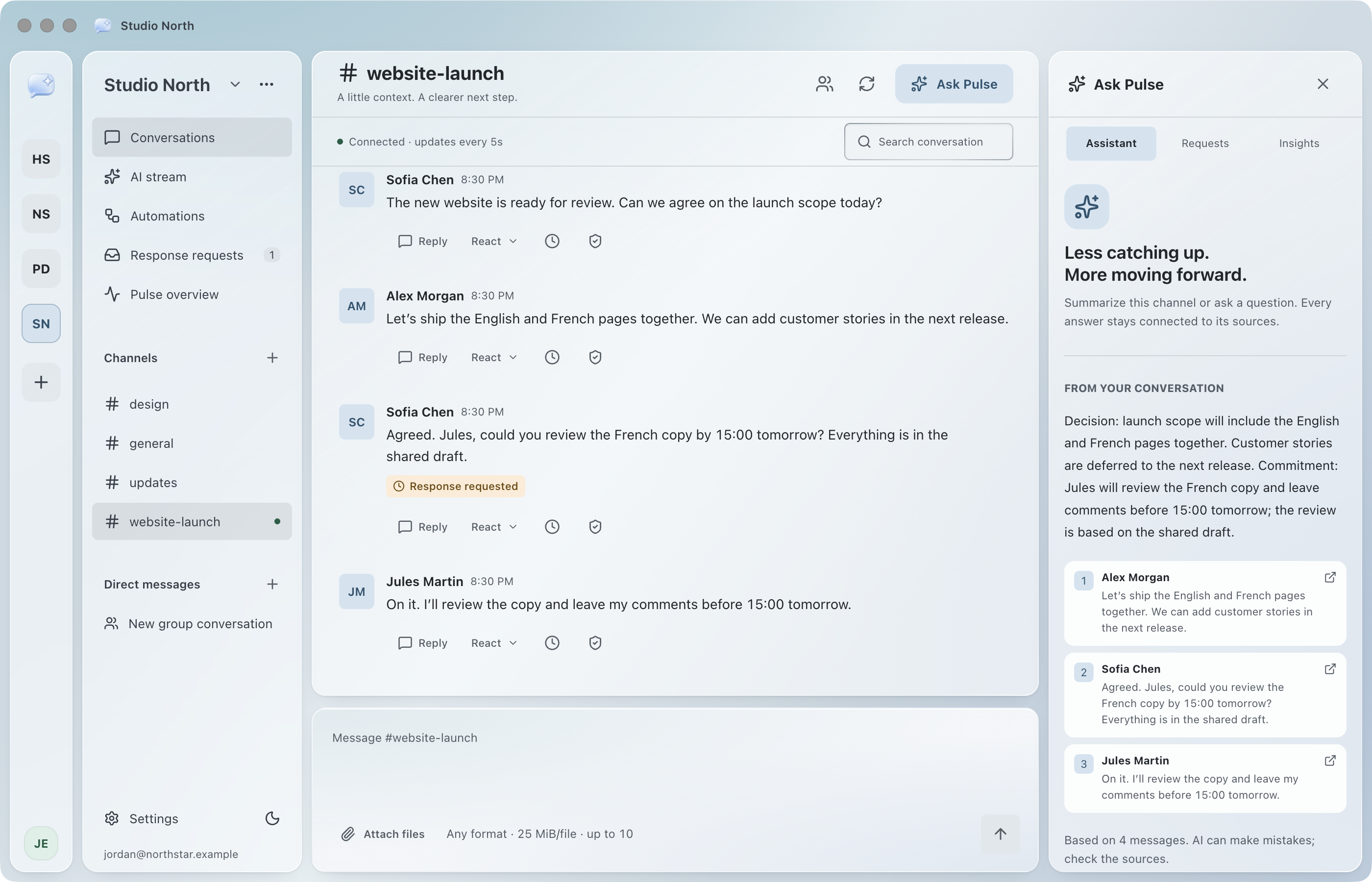 Pulse in light mode: a staged launch conversation and a source-linked AI summary in the actual Mac app.