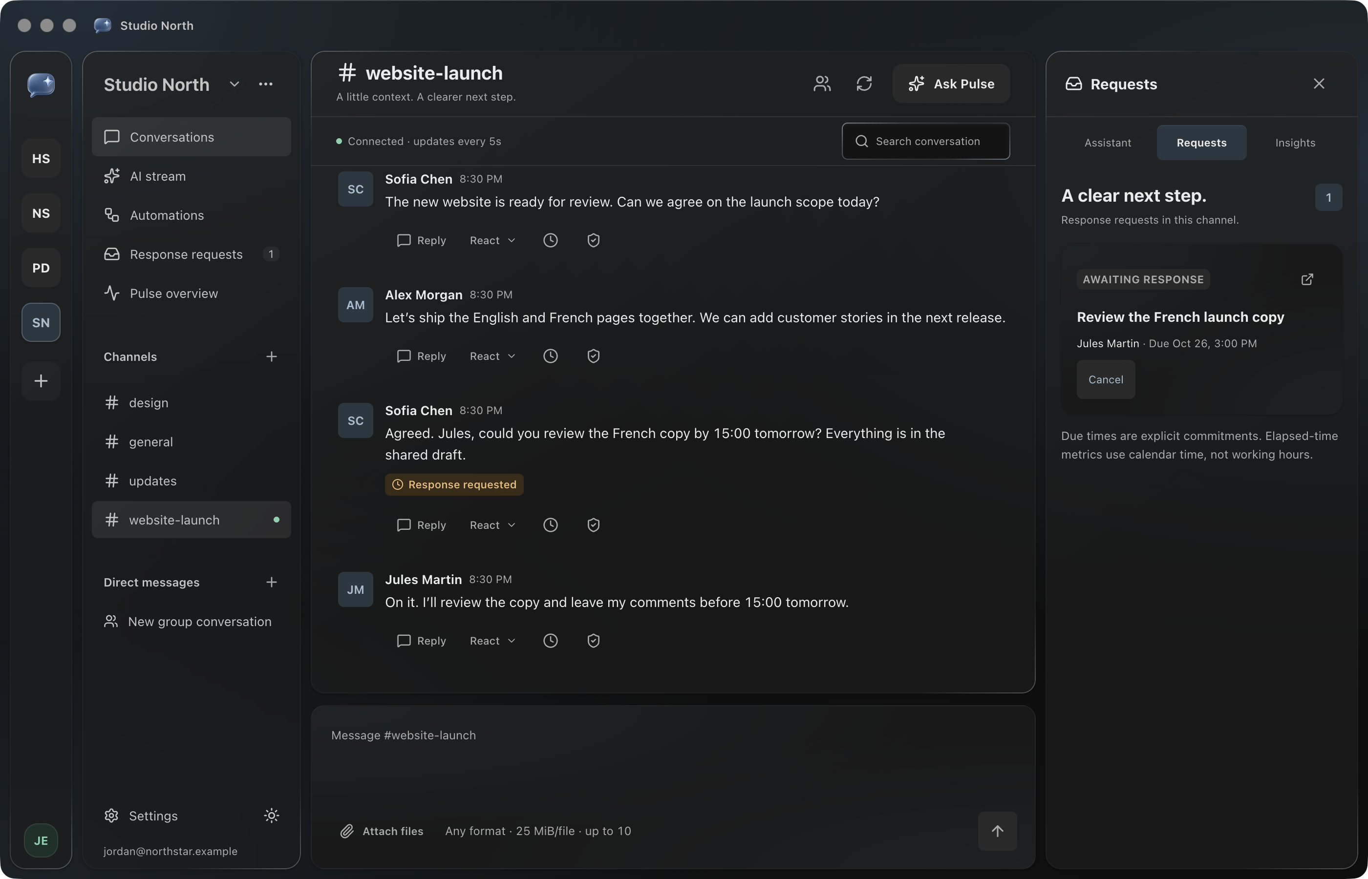 The Pulse desktop app in dark mode. Staged demonstration data.