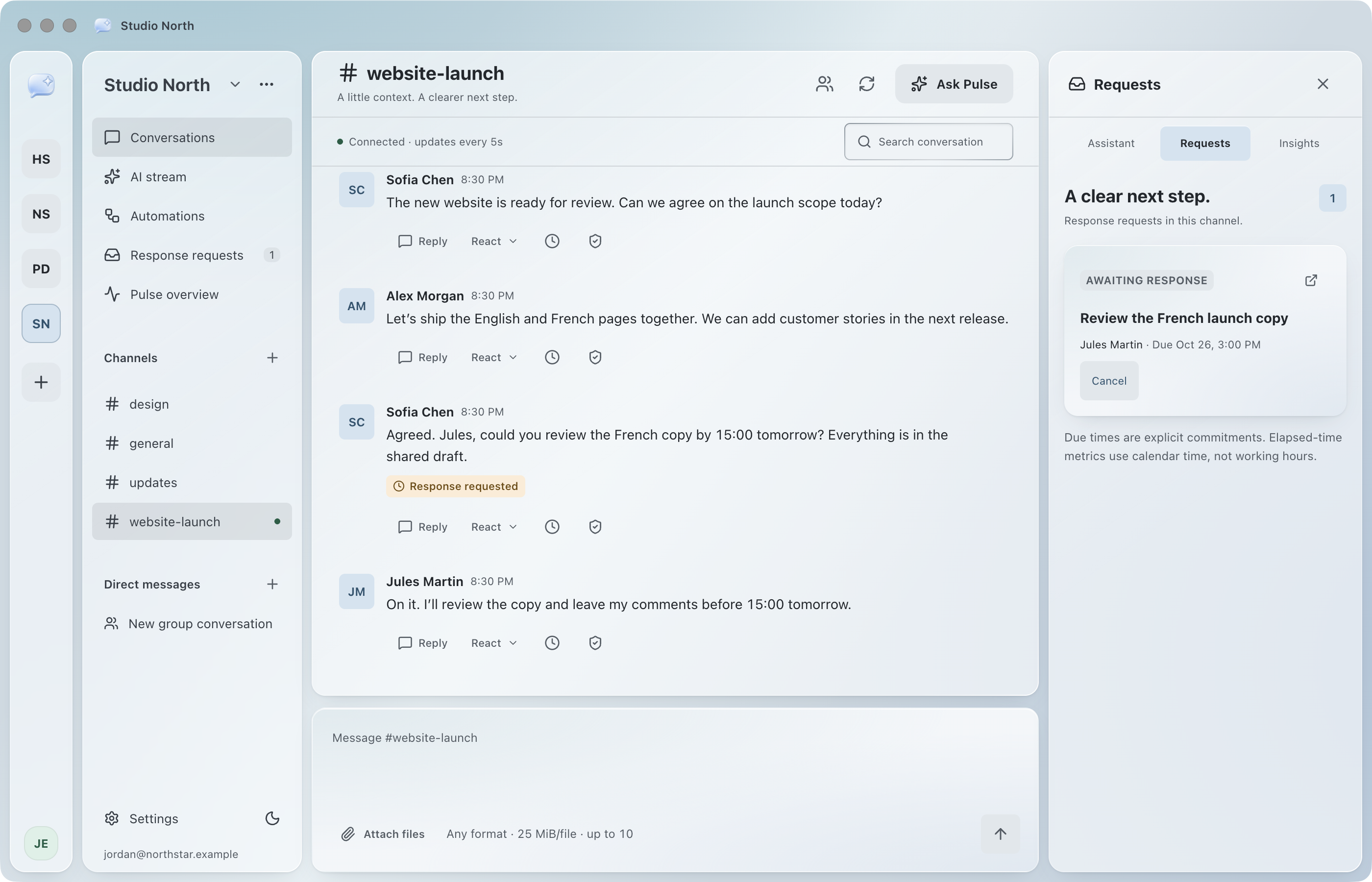 The Pulse desktop app in light mode. A staged product-team conversation.